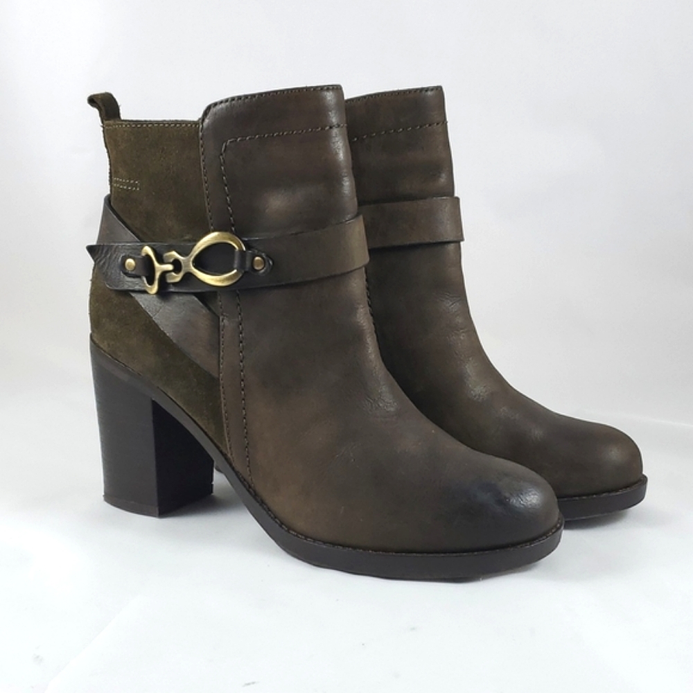 GEOX Respira Leather Ankle Strap Heeled Boots Olive Green Size 10